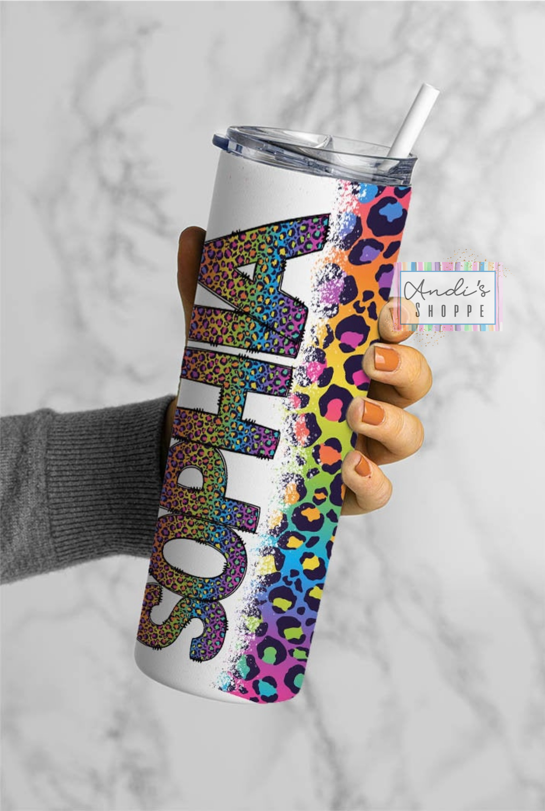 Custom/personalized rainbow leopard 20 ounce tumbler