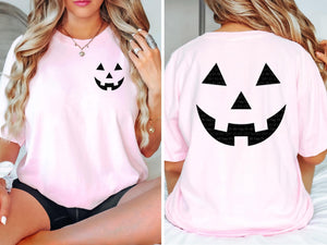 Jack o’ lantern front pocket and back design tee, tank or sweatshirt!