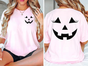 Jack o’ lantern front pocket and back design tee, tank or sweatshirt!