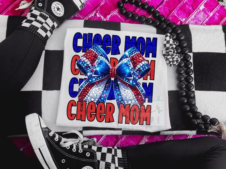 Cheer Mom faux rhinestone bow Tee, Tank or sweatshirt