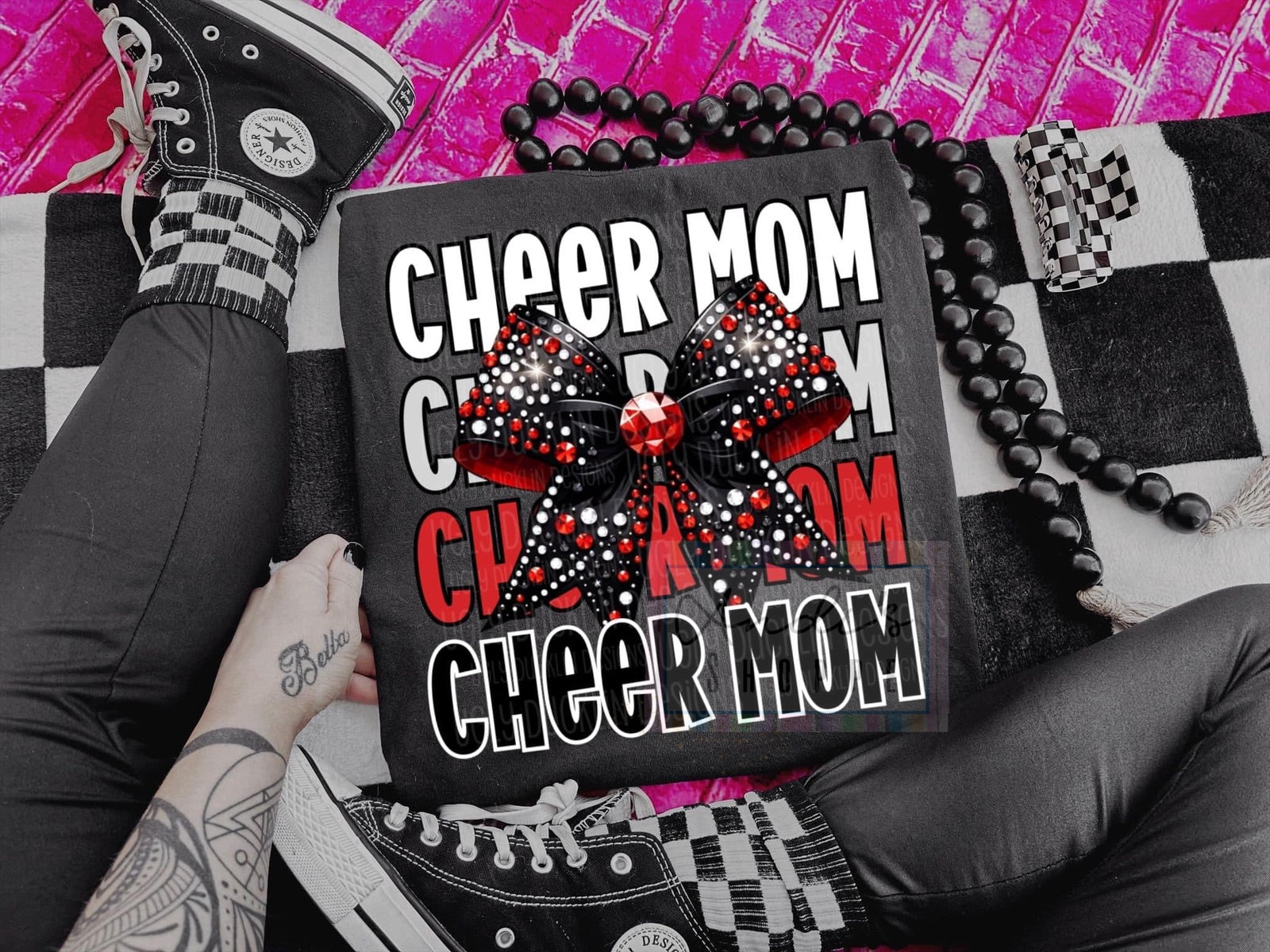 Cheer Mom faux rhinestone bow Tee, Tank or sweatshirt