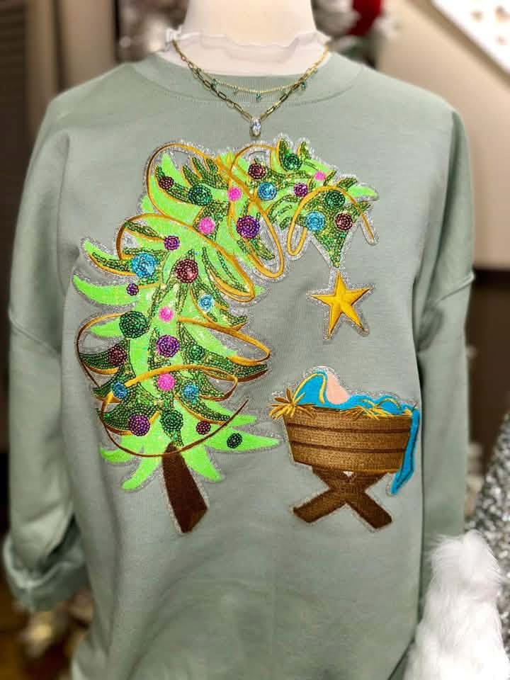 Christmas tree manger patch sweatshirt