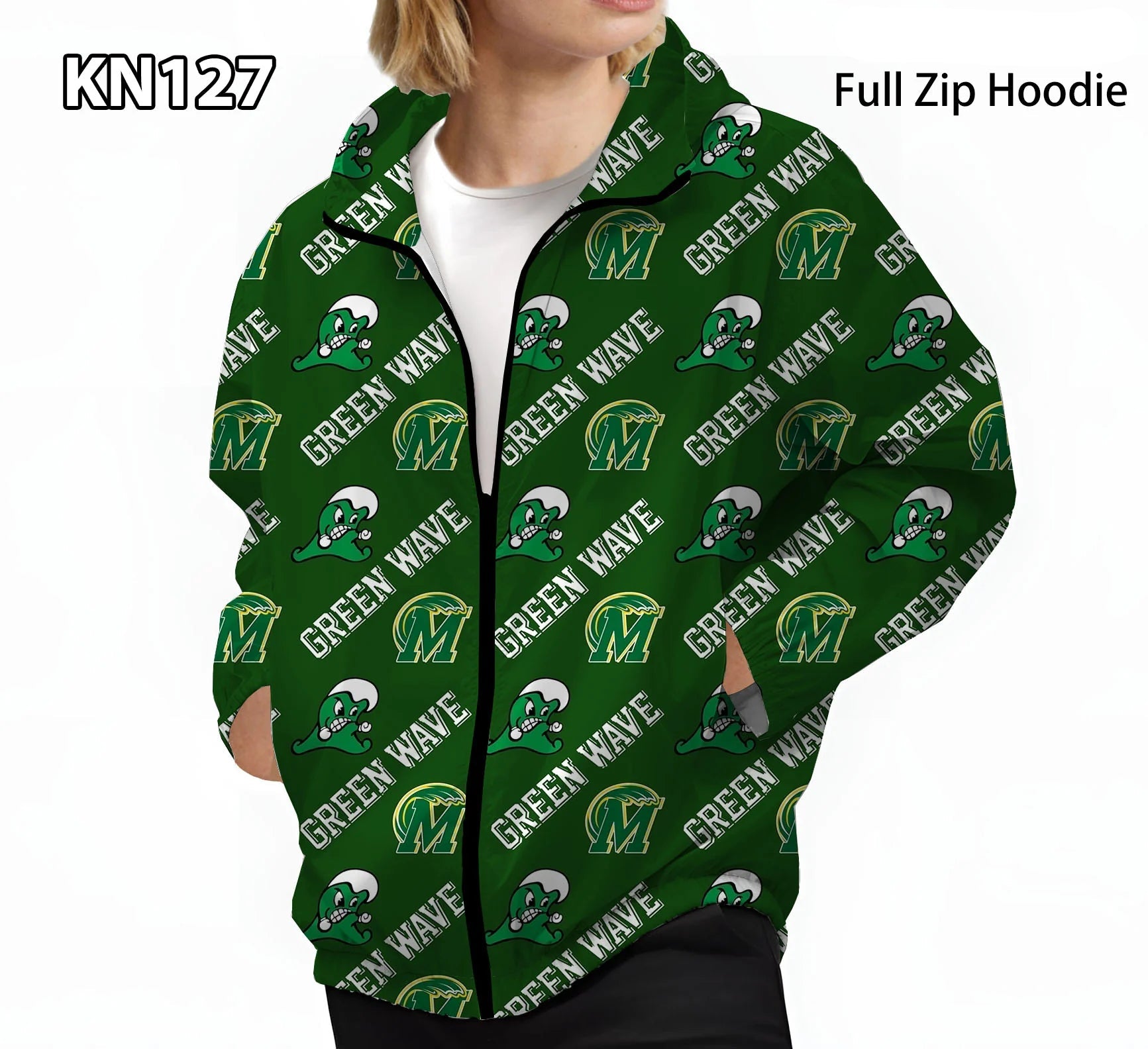 A person wearing a green full-zip hoodie with an all-over repeating 'Green Wave' logo pattern. The hoodie features a dark green base with white text and green/yellow graphic logos.