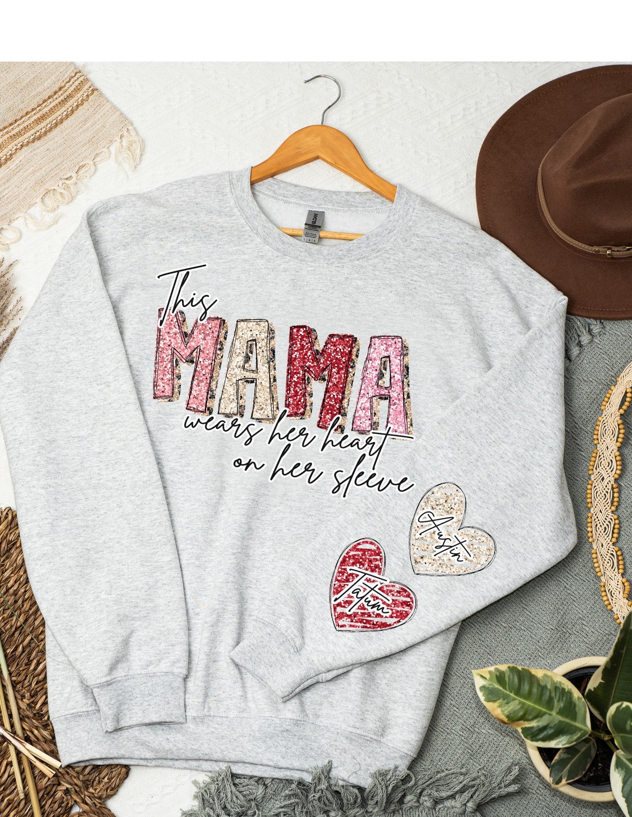 Faux Glitter Mom/Mama/Mamaw Wears her heart on her sleeve Leopard Personalized Sweatshirt or long sleeve tee