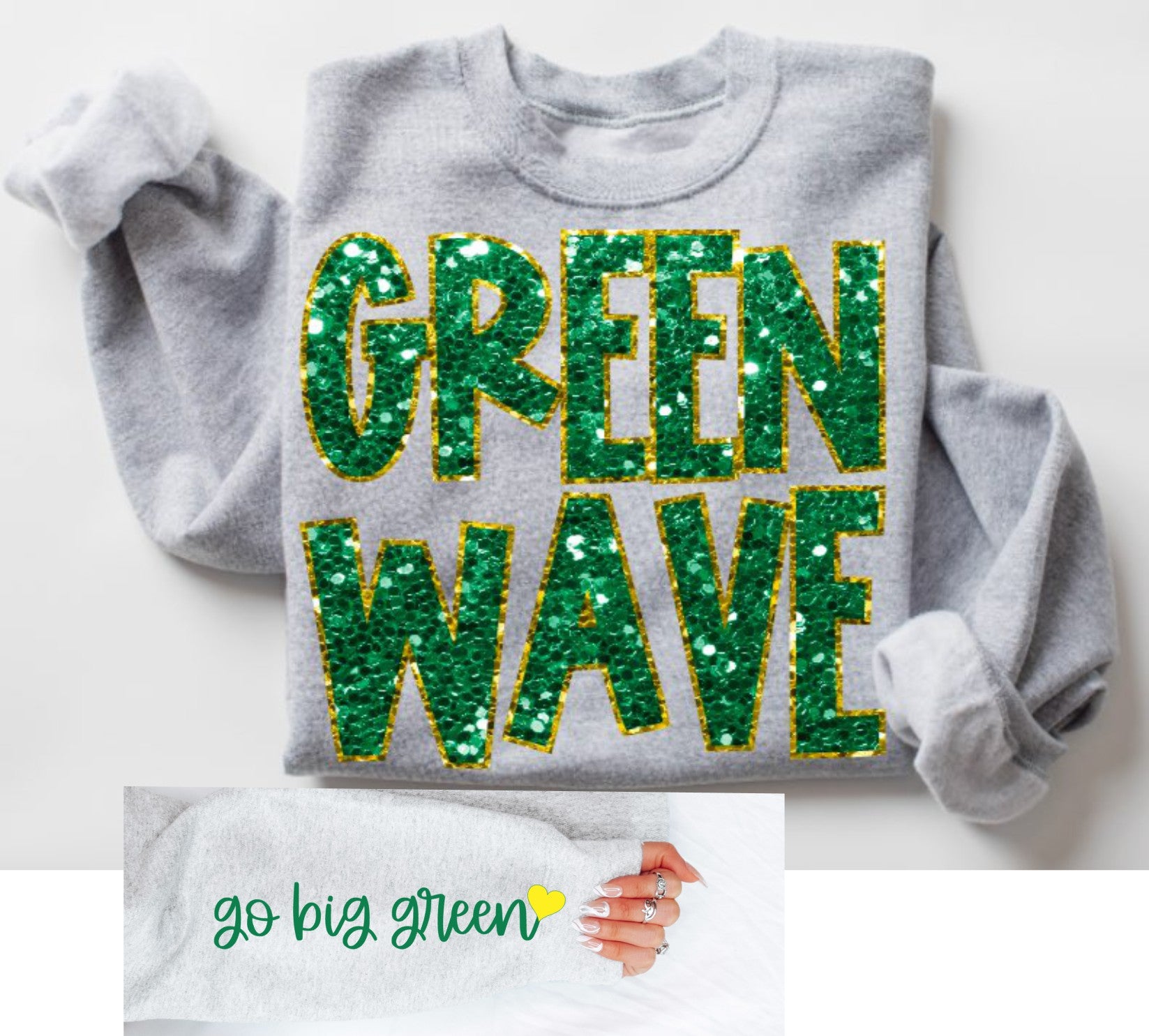 Faux sequin Green Wave with Go big green sleeve Long sleeve t-shirt or Sweatshirt