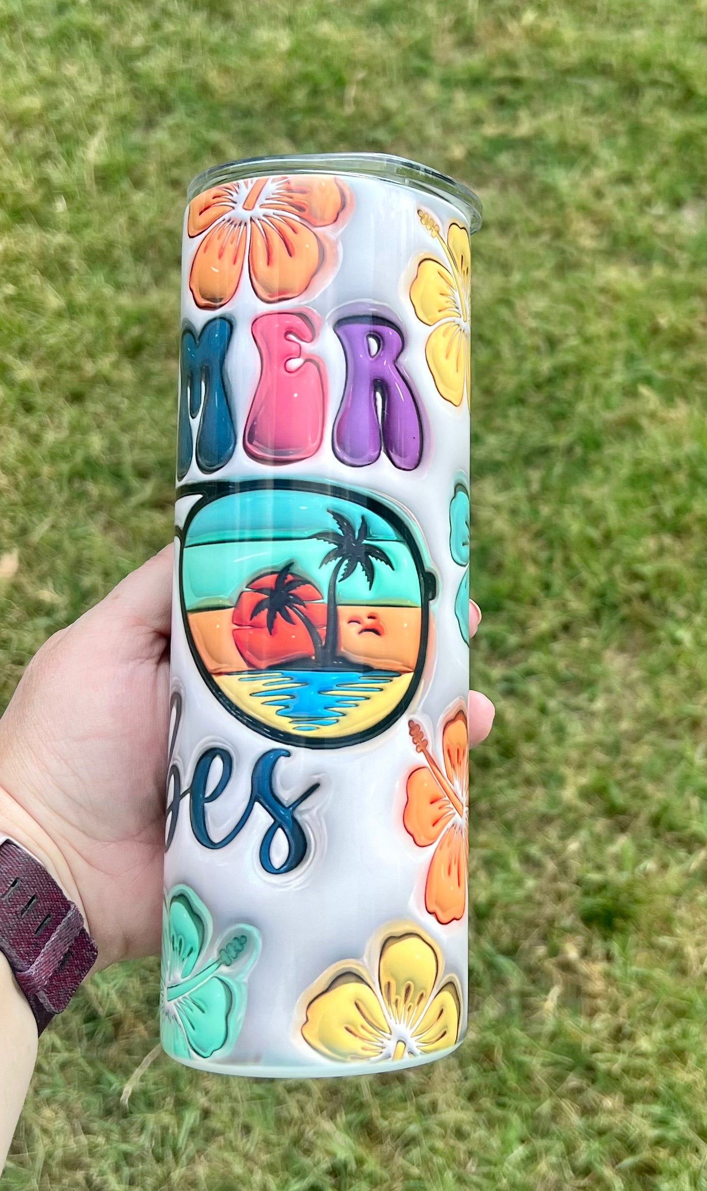 Faux 3D puff Summer Vibes 20 ounce skinny Sublimation tumbler