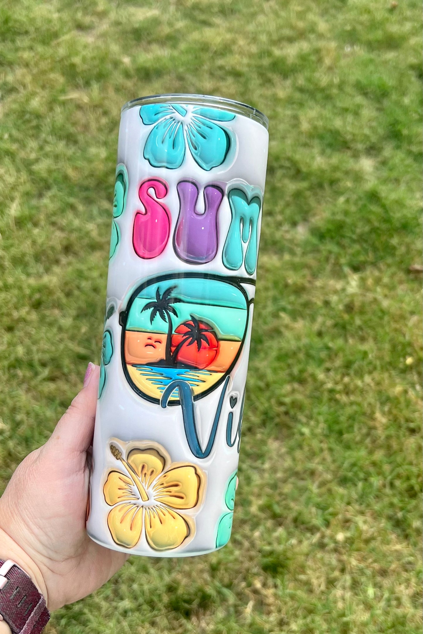 Faux 3D puff Summer Vibes 20 ounce skinny Sublimation tumbler
