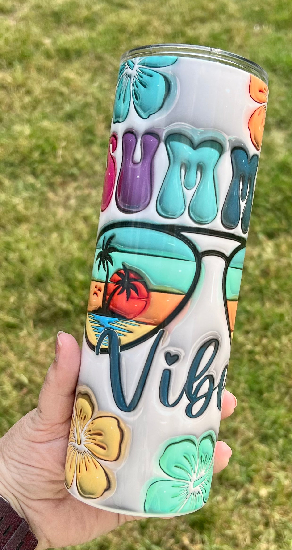 Faux 3D puff Summer Vibes 20 ounce skinny Sublimation tumbler