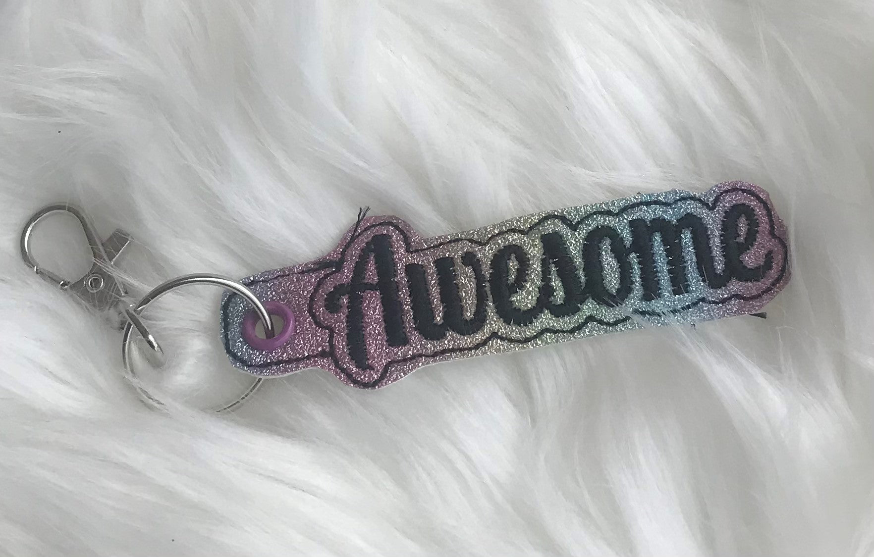 Awesome/rainbow glitter Embroidered Keychain/snap tab