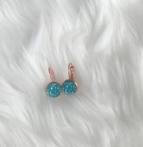 Rose gold french lever style blue druzy stone earrings