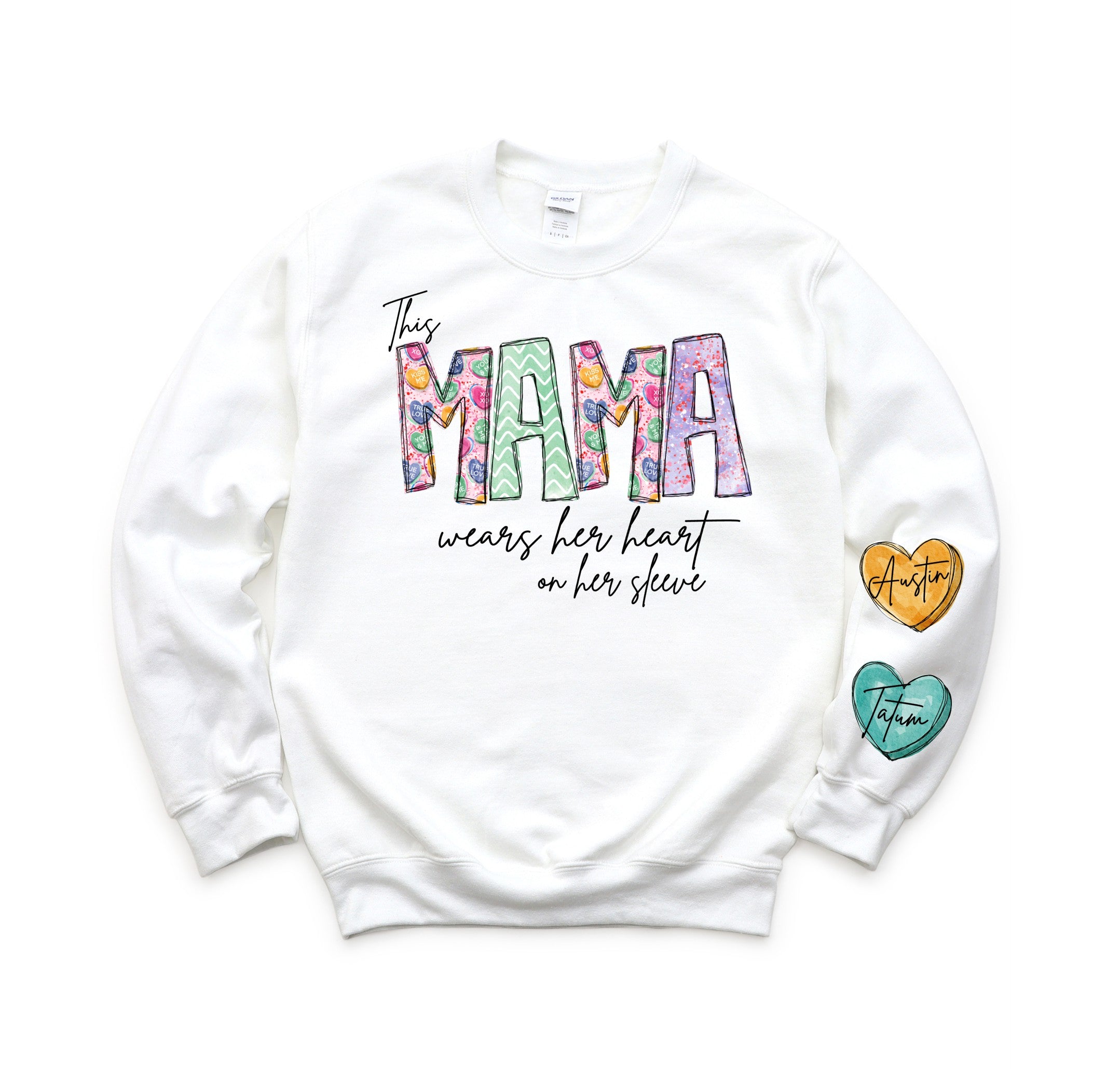 Mom/Mama/Mamaw Wears her heart on her sleeve Personalized Sweatshirt or long sleeve tee