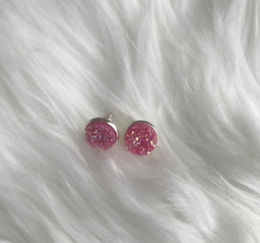 Hot pink druzzy silver post earrings