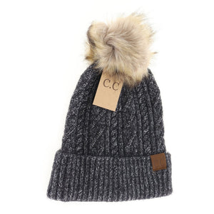 Soft cuffed cable knit C.C. Beanie with fur Pom