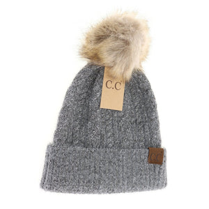 Soft cuffed cable knit C.C. Beanie with fur Pom